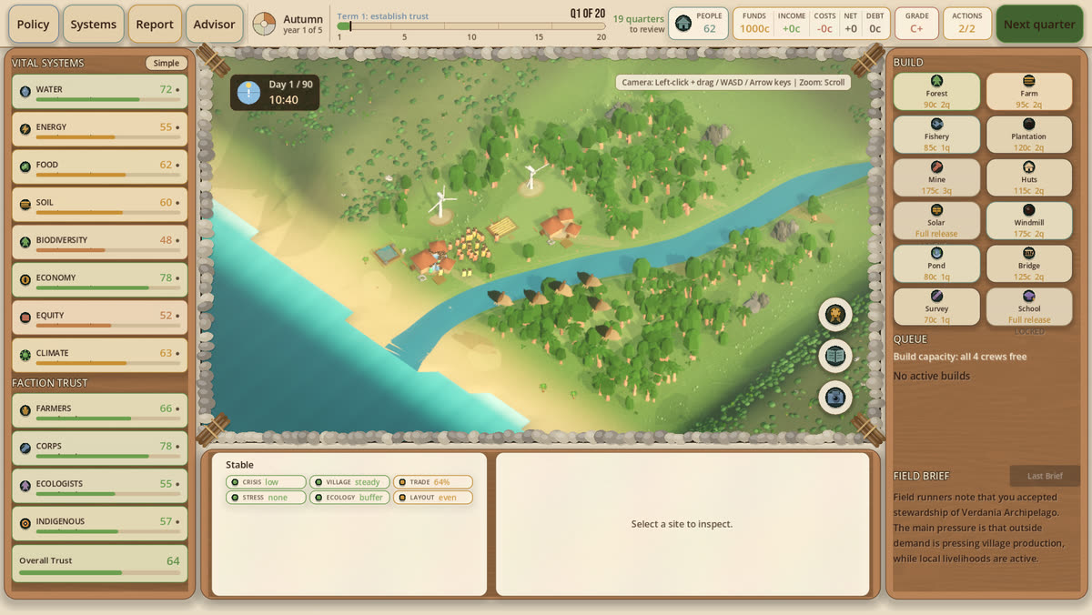 The Terrasteward dashboard: vital-system meters and faction trust on the left, the live 3D island in the centre, build palette on the right.