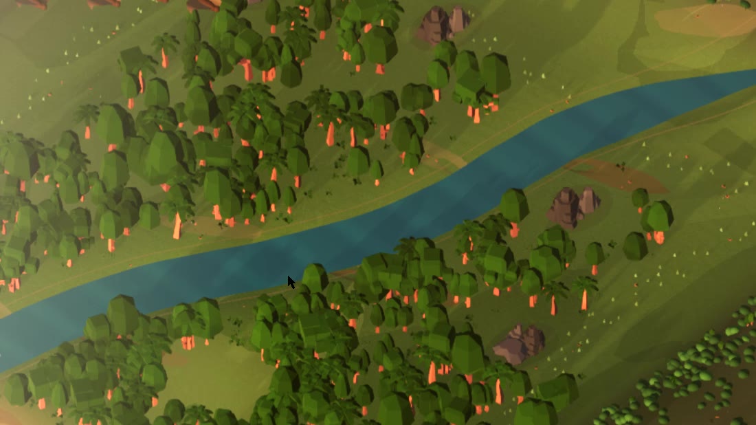 The Terrasteward island: a lush procedural 3D diorama of forest, a winding river and coastline seen from an isometric angle in warm morning light.