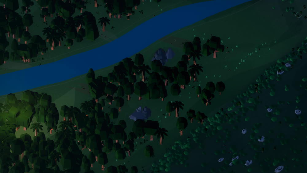 The island at night with fireflies.